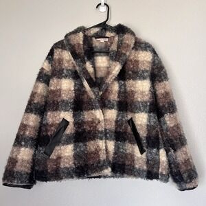 Knox Rose Women's Plaid Sweater Overcoat Black Brown Paid Medium Teddy Bear Coat
